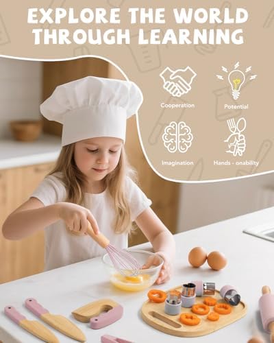 Wooden Kids Cooking Set Montessori Kit - Real Toddler Kitchen Tools & Baking Utensils - 30PCS Cooking Kit for Kids with Storage Bag, Great Gift for Pretend Play & Montessori Learning (Pink) - Image 5