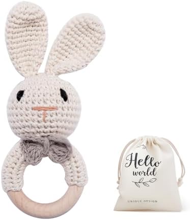 Crochet Baby Rattle, Baby Shaker Toy, Baby Rattles 0-6 Months, Handmade Newborn Toys, Easter Bunny Rattle, Animal Baby Rattle，Knitted Stuffed Animals Gifts for Boys and girs Bunny Rattle by WOODENTEETHER