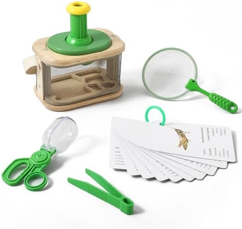 Wooden Bug Catcher for Kids, 360° Rotating Magnifier, Insect Explorer kit, with Bug Habitat, Butterfly Net, Bug Tongs, 10 Insect Cards, Montessori STEM Nature Toy for Outdoor by Macabaka