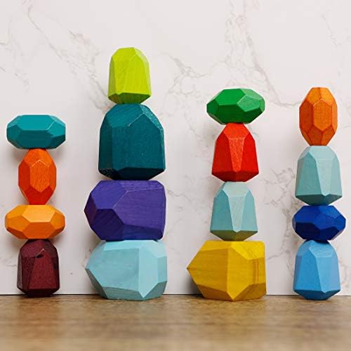 Cllayees 16 Pcs Wooden Stacking Blocks Rocks Building Toys, Colored Solid Wood Stones Pre-School Educational Games Creative Toys for Kids Toddlers by Cllayees