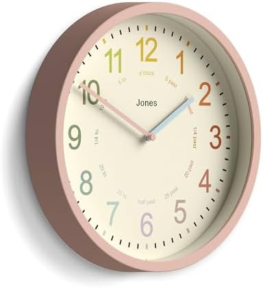 JONES CLOCKS® Kids wall Clock | Small Modern Children’s Nursery Clock | 10" | Pink | Colourful dial for Learning to Tell the time by JONESCLOCKS