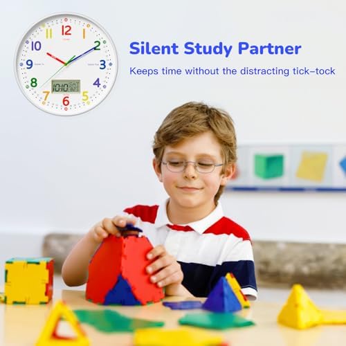 12" Silent Teaching Wall Clock with LCD Date Weekday Temperature Display – Tempered Glass, Non-Ticking Battery Operated Learning Clock for Kids Room, Classroom, Home Decor - Image 6
