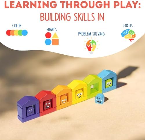 CUBIKA Wooden Construction Set Colorful Houses – 24-Piece Construction Play Set with Emotion Characters for Toddlers 2+– Montessori Toy for Creativity, Cognitive Development, and Emotion Recognition - Image 3
