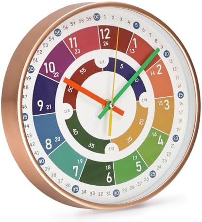Kids Wall Clock Telling Time Silent Non-Ticking Learning Clock Colorful Teaching Wall Clocks Round Plastic Analog Educational Decor Clock for Classroom, Playroom (EDU2-Rose Gold, 10 inch) - Image 3