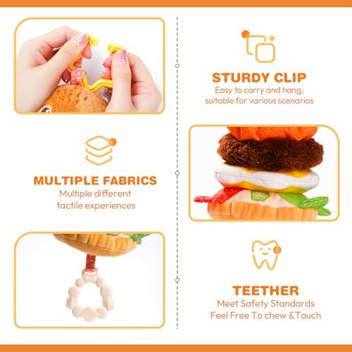 Jollybaby Baby Musical Pull String Hanging Toys for Stroller Car Seat Crib Play Gym, Plush Stuffed Hamburg Bear Toy for Carseat with Music Teether Crinkle, Sensory Toy for 0-6-12-18 Months Baby Gifts - Image 4