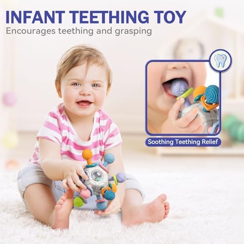 Baby Toys 6 to 12 Months, 5 In 1 Montessori Toys for 1 Year Old, Incl Travel Pull String Toy & Rattle Teether & Stacking Baby Block & Soft Infant Ring & Sensory Ball for Toddler 0-3-6-9-12 Month - Image 4