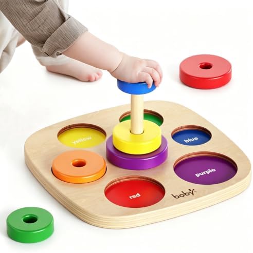 Dailyfunn Montessori Toys Wooden Rainbow Ring Stacker Color Size Learning Sorting Stacking Toy for Toddlers 1-3 Years Old by DailyfunnToys
