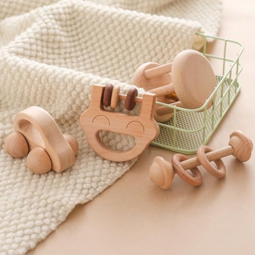 Chriswell Wooden Baby Rattle Set, Newborn Wooden Rattle Toy, Natural Wooden Montessori Baby Grip Toy, Baby Gift Toy, Wood Rattle Set-6 - Image 6