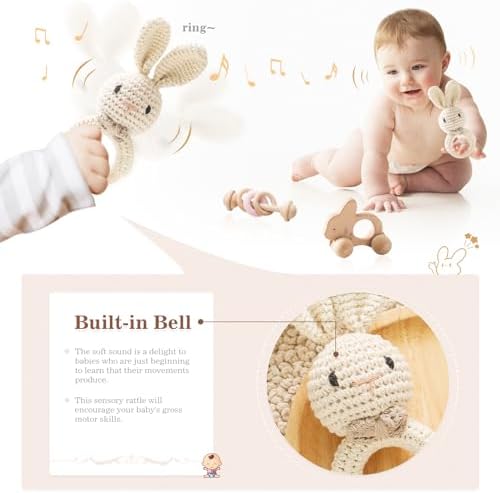 let's make Wooden Baby Rattle 3 PCS Push Car Rattle Set Crochet Rattle Ring Wooden Montessori Toy for Newborn Infant Baby Gifts (Rabbit Rattle) - Image 3