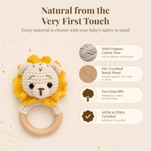 Néa Archí Crochet Baby Rattle, Organic Cotton & Beech Wood, Lion - Image 4