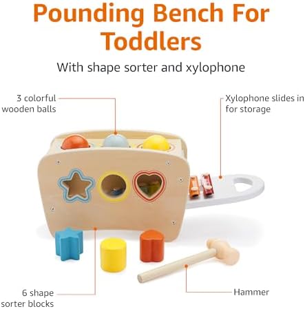Amazon Basics Musical Pounding Bench With Xylophone and Shape Sorter Educational Toy for Toddlers, Developmental Learning Toy, Age 18M+, Boy Girl Baby, 11.6 x 5.2 x 6.3 inches, Multicolor - Image 3