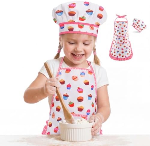 Kid Apron and Chef Hat Set 2 Pcs, Adjustable Kids Cooking Baking Apron for Toddlers 3-8, Childrens Pretend Play Chef Costume Role Play Toy for Boys Girls, White by Unknown