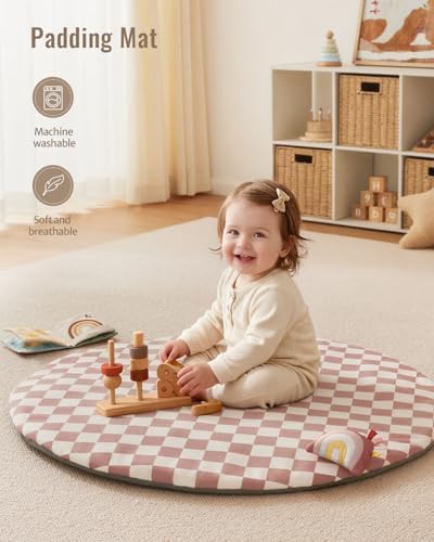 Blissful Diary Baby Play Gym Mat, Play Mat Activity Mat with 6 Detachable Toys for Stage-Based Sensory & Motor Skill Development, Easy to Install & Clean, Baby Essentials Gift, Blush Checkered - Image 6