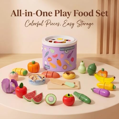 WHOHOLL 42 Pcs Play Food Set for Play Kitchen Accessories, Wooden Toys Pretend Cutting Food, Montessori Fruit and Veggies Christmas Birthday Gifts for Boys Girls 3-6 - Image 3