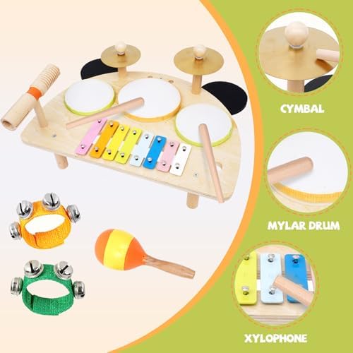 Kids Drum Set, Montessori Musical Instruments for Toddlers 1-6, Wooden Toys Montessori Music Table, Xylophone Drum Kit, Birthday for Boys Girls - Image 2