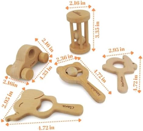 Personalized 5 Pieces Wooden Baby Toys 0-6 Months, Customized Teething Toys Baby Rattles 0-6 Months, Wood Teething Toys Gifts for Baby, Customizable Montessori Wooden Toys for Babies 5 Pieces - Image 3