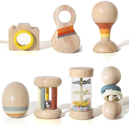 Wooden Baby Rattle Set, 7-in-1 Montessori Toys for Infants 0-6 Months, Moonkie Natural Wooden Baby Toys with Sensory Musical Instruments & Storage Bag by WISBOOK