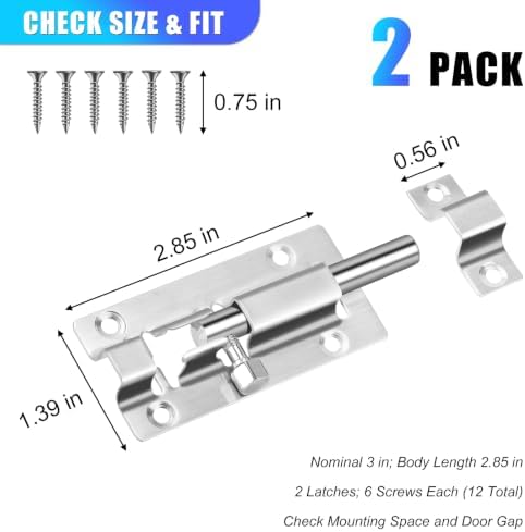 INBOF 2 Pack Barrel Bolt Latch, 3 in Slide Lock, Stainless Steel Door Latch - Image 2