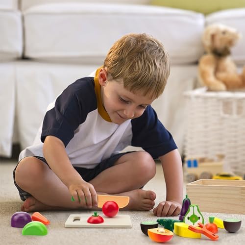 Wooden Play Food for Kids Kitchen, Fruit & Veggies Cutting Set for Toddlers - Image 4