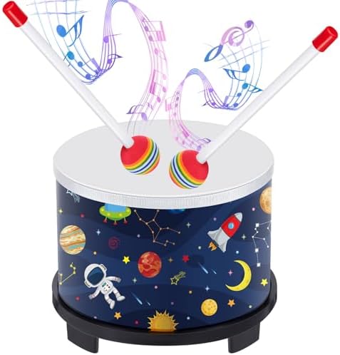 Boao Floor Tom Drum for Kids 8'' W x 6.5'' H Wooden Percussion Instrument Music Drum with 2 Rainbow Mallets Astronaut Educational Toys for Baby Children Toddler Boy Girl Birthday Gift by Boao