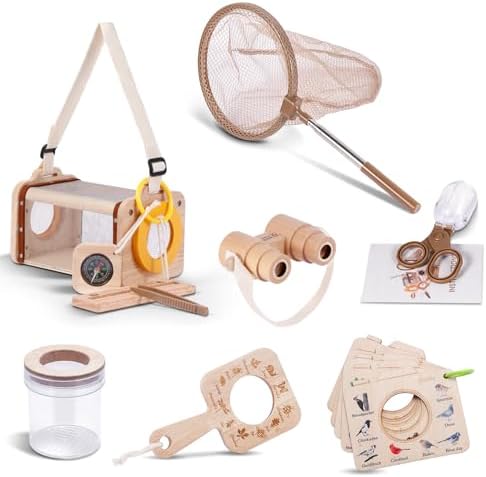 Bug Catcher Kit for Kids,11 PCS Wooden Bug Catching Kit with Butterfly Net,Magnifying Glass,Bug Habitat,Binoculars,Compass,Kids Explorer Kit for Backyard & Camping,Fun Gift for Girls Boys (11PCS) by Unknown