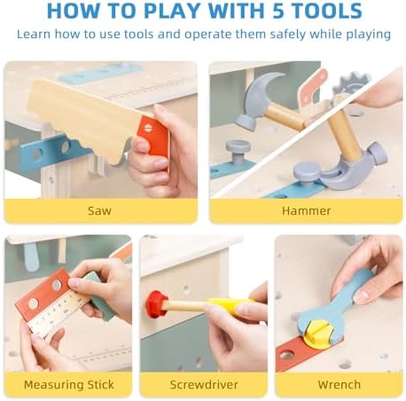 OOOK Kids Tool Bench，Wooden Toddler Workbench with Tools Set，Large Storage Wooden Tool Workbench for Kids Age 3-5，Pretend Play Construction Set Gift for Boys Girls - Image 3