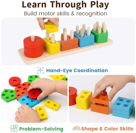 3 otters Wooden Sensory Toys for Toddlers Montessori Stacking and Sorting Learning Toy Activities Puzzles 20 PCS Medium (Pack of 2) - Image 3