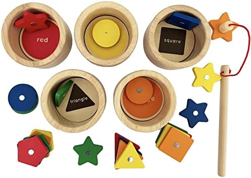 Dailyfunn Montessori Toy Wooden Sorting Cup&Fishing Game 2-in-1 Colors Shapes Sorting Matching Learning Toys for Toddlers 1-3 Year Old - Image 3