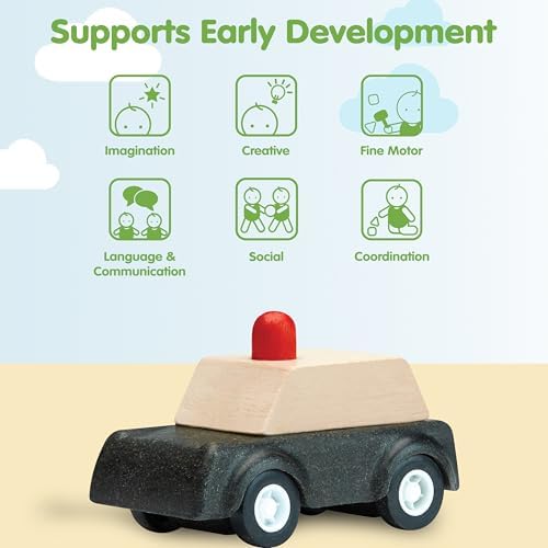 PlanToys® Police Car Wooden Montessori Vehicle Kids Indoor Outdoor Play Toy - Image 4