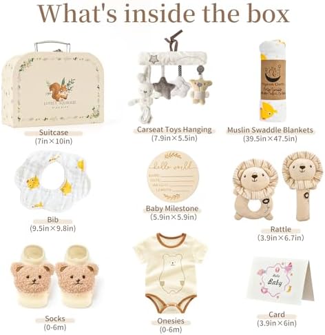 Golray 9pcs Newborn Baby Gift Baskets for Boys Girls Baby Shower, 2 Rattle/Seat Hang Toy/Blanket/Bodysuit/Bib/ 3D Socks/Wood Milestone/Carry Box, Neutral New Born Essential Stuff Unisex Baby Gifts Boy - Image 2