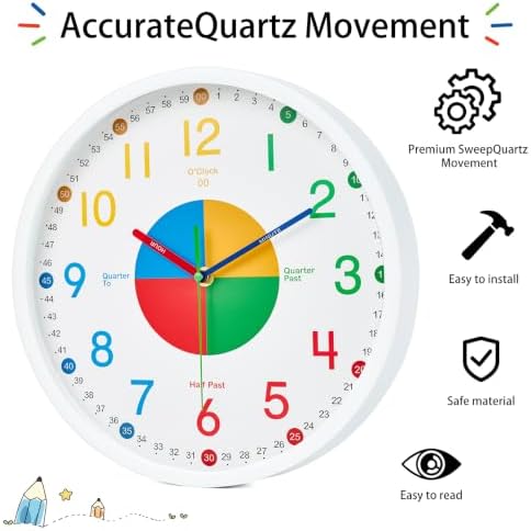 HZDHCLH Kids Wall Clock for Learning to Tell Time, 10 Inch Silent Non Ticking Analog Clock with Four Color Time Disc Battery Operated Educational Clock for Classroom, Bedroom, Homeschool(White) - Image 3