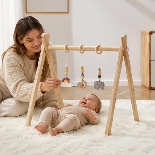 Wooden Baby Gym with 3 Handmade Hanging Toys, Natural Solid Wood Baby Play Gym for Tummy Time & Sensory Play, Foldable No-Tools Activity Gym for Babies 0-12 Months, Baby Shower Gift by Unknown