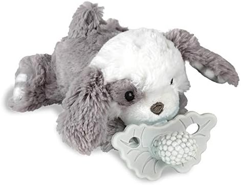 RaZbaby Puppy RaZbuddy w/RaZberry Teething Relief Pacifier – Soothes Sore Gums w/Nature-Inspired Texture, 100% BPA-Free Silicone Teether, Detachable Stuffed Animal – 3 Months+ Teether, Cookies&Cream by RaZbaby