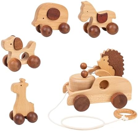 Hedgehog Pull Toy with 4Pcs Push Car Set by DadCarved