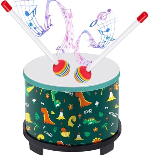 Boao Floor Tom Drum for Kids 8'' W x 6.5'' H Wooden Percussion Instrument Music Drum with 2 Rainbow Mallets Dinosaur Educational Toys for Baby Children Toddler Boy Girl Birthday Gift by Boao