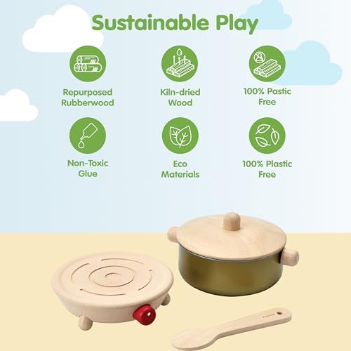 PlanToys® Wooden Cookery Set with Stove, Pot & Ladle Montessori Kids Play - Image 3