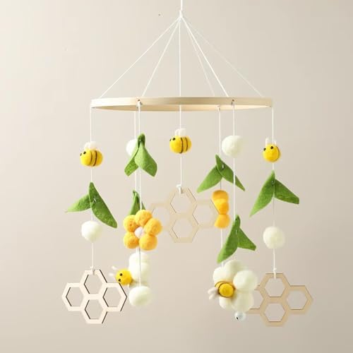 Wooden Bed Bell Crib Mobile with Music Box – Soft Felt Cartoon Bear Hanging Rattle Toy for Nursery Decor, Handcrafted Montessori-Inspired Crib Mobile (Yellow) by Jessruly