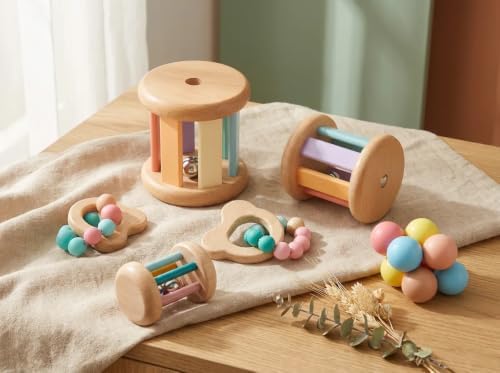 Montessori-Inspired Wooden Rolling Bell Rattle, Tummy Time Toy for Infants - Image 6