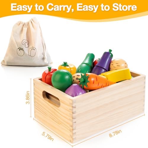 Wooden Play Food Set for Kids Kitchen, Cutting Veggies & Fruits Toy Set - Image 6
