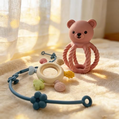 Baby Teething Rattle Toy, 3-in-1 Silicone Teether, Infant Sensory Toys - Image 3