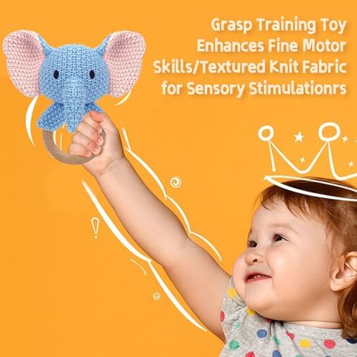 Elephant Baby Rattle Teething Ring Hand Knitted CrochetCute Jungle Animal Sensory Toy for Baby Boys Girls 0-3 Months Plush Stuffed Texture Montessori Grasping Shaker Stroller Travel Gift - Image 6