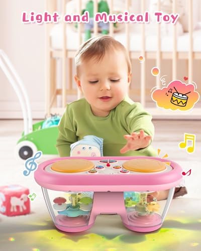 Baby Toys for 6 to 12 Months: 7 Models Pink Rotating Light Up Drum Musical Instruments for 12-18 Months Kids, Tummy Time Toys for Baby 0-3-6-9 Months, Walker for Boy Girl Gifts - Image 5