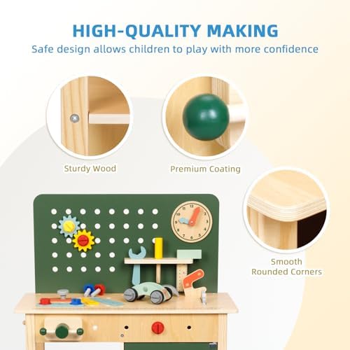 OOOK Kids Tool Bench，Wooden Toddler Workbench with Tools Set，Large Storage Wooden Tool Workbench for Kids Age 3-5，Pretend Play Construction Set Gift for Boys Girls - Image 4