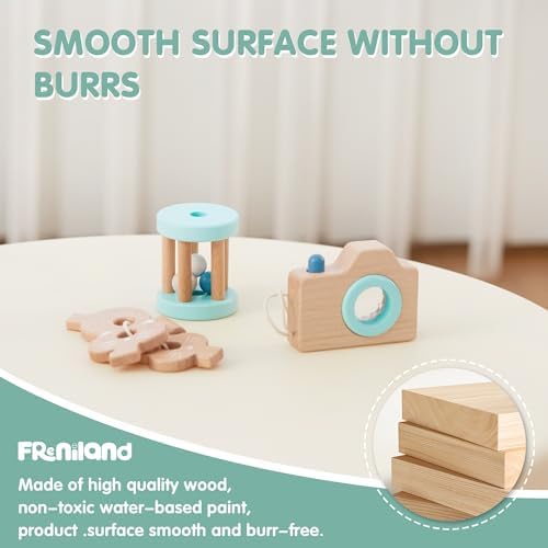 FReniland Wooden Montessori Toys, 3-Piece Wooden Baby Toys, Rotating Drum Toy, Camera Kaleidoscope Toys, Baby Key Rattles,Newborn Baby Gift Sets for Boys and Girls - Image 3
