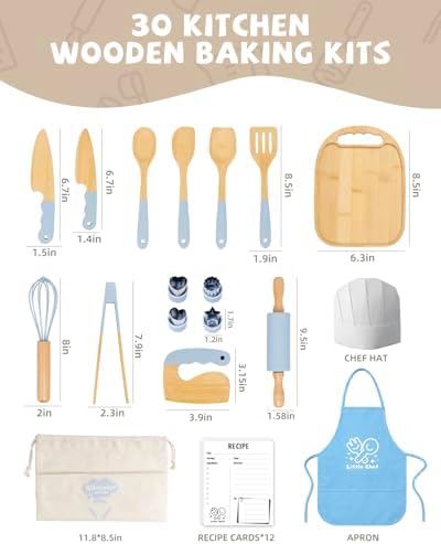 Wooden Kids Cooking Set Montessori Kit - Real Toddler Kitchen Tools & Baking Utensils - 30PCS Cooking Kit for Kids with Storage Bag, Great Gift for Pretend Play & Montessori Learning (Blue) - Image 4