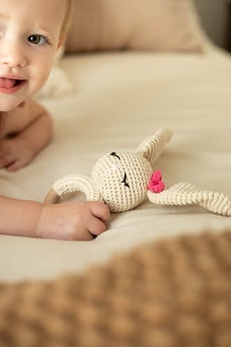 Wooden Baby Rattle - Bunny - Newborn - Crochet - Cream, White, Pink - Image 4