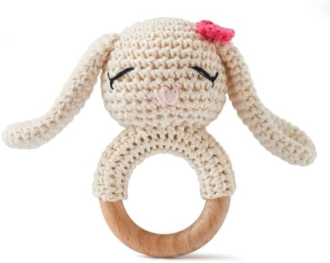 Moyii Handmade Crochet Baby Rattle Toy, 100% Organic Cotton Amigurumi Animal with Natural Beech Wood Teether Ring, Soft Sensory Newborn Toy, Montessori Nursery Gift for Boys & Girls by Unknown