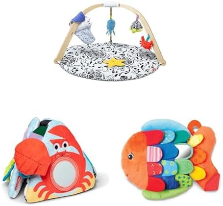 Melissa & Doug Ocean Baby Play Set: Wooden Play Gym with 5 Sensory Toys & Play Mat, Tummy Time Triangle (0-6 Months), and Flip Fish Soft Book with Mirror (0-9 Months) by Unknown