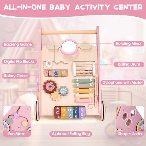 Wooden Baby Walker and Activity Center for Toddler Girl 10-12 Months, Pink - Image 4