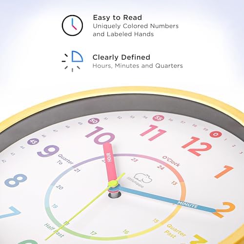 LittleHippo Learning Clock for Kids for Teaching to Tell Time - Kid's Analog, Silent, Non-Ticking Wall Clock for Bedrooms, Nursery, Playroom, School Classroom, Study to Learn to Tell Time - Image 4